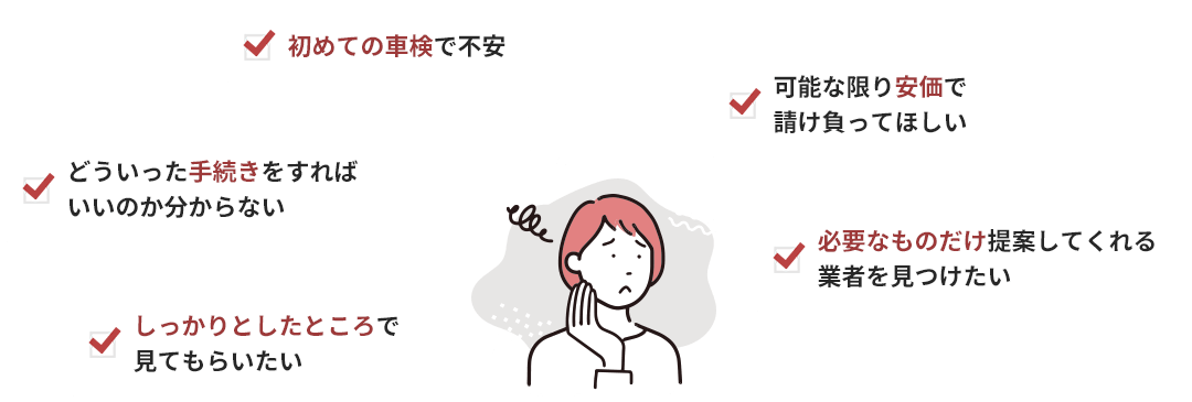 初めての車検で不安、可能な限り安価で請け負ってほしい、どういった手続きをすればいいのか分からない、必要なものだけ提案してくれる業者を見つけたい、しっかりとしたところで見てもらいたい